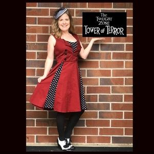 Maroon swing dress with black and white polka dots